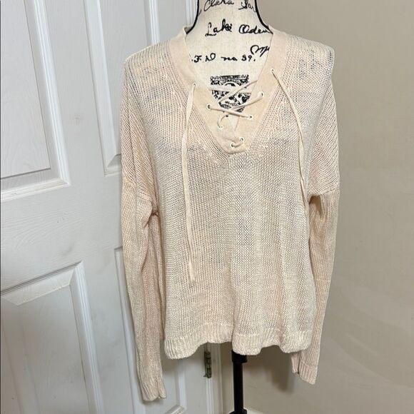 J. Crew Women Cream Lace-Up Open Knit Linen Sweater size XL Fisherman Coastal - Picture 1 of 8